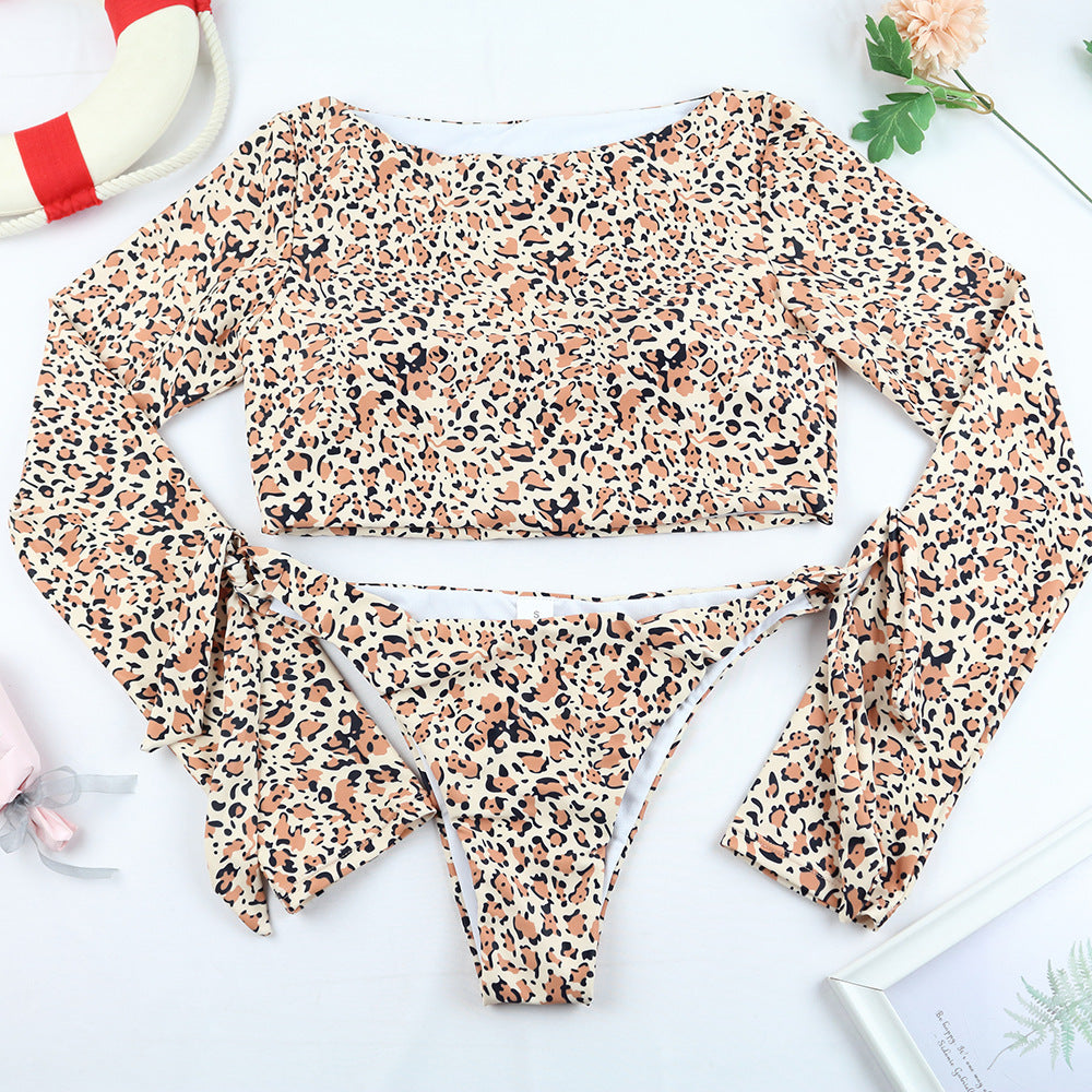 Leopard Print Long Sleeve Bikini Set