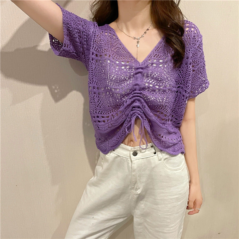 Hollow Out V Neck Knit Top