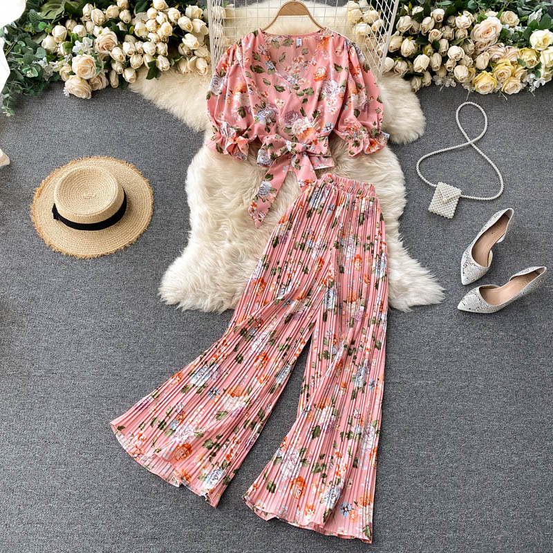 Floral V Neck Chiffon Top And Trousers Two Pieces Set