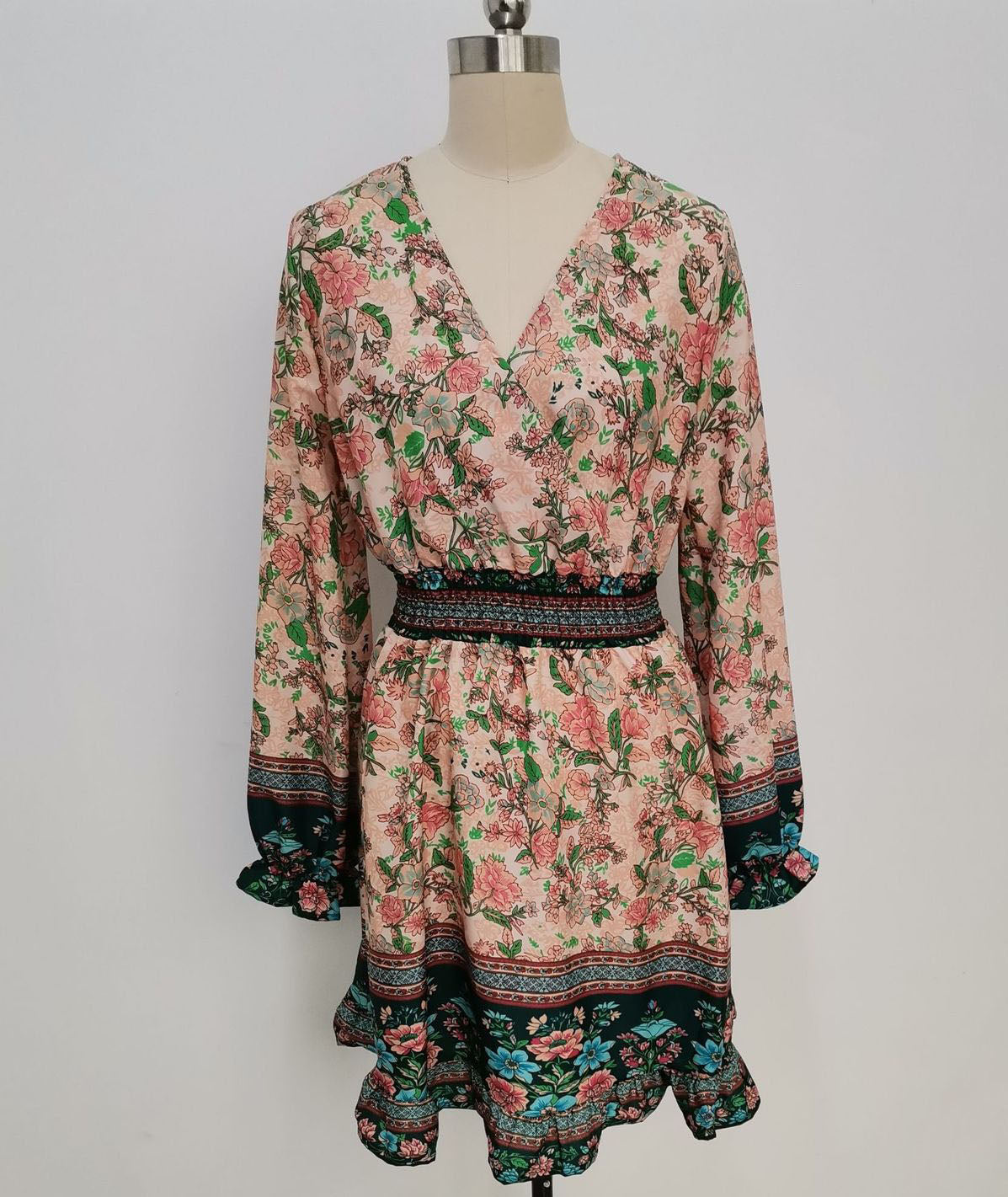 Long Sleeve Floral V Neck Dress
