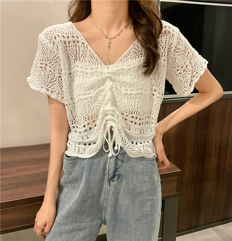 Hollow Out V Neck Knit Top