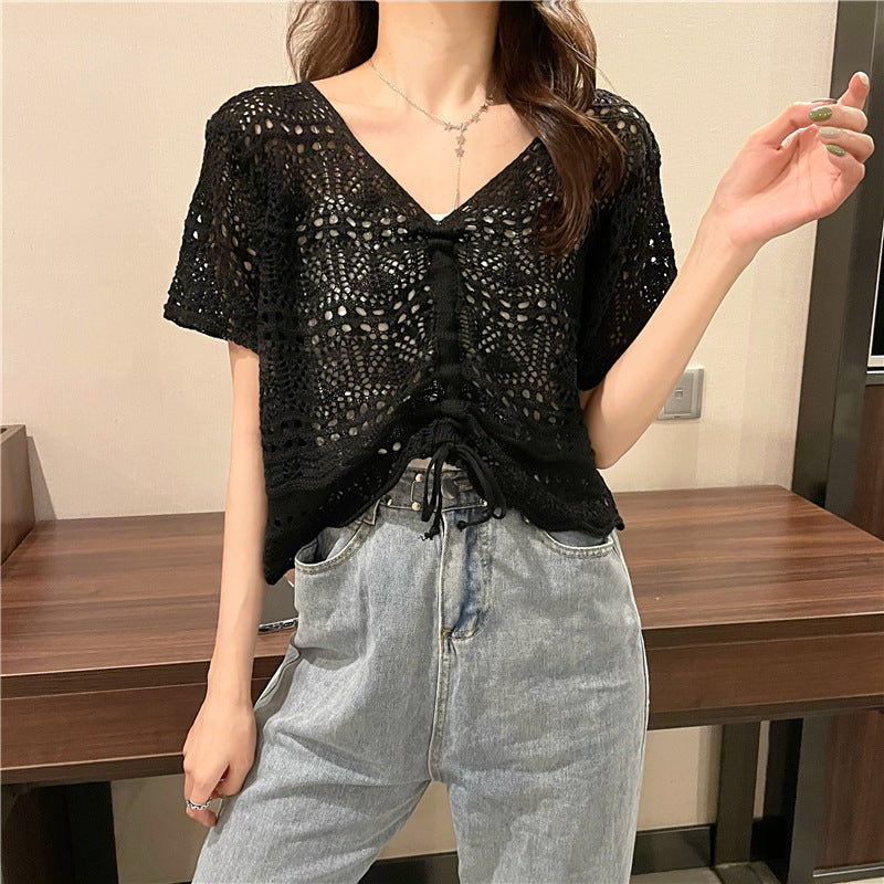 Hollow Out V Neck Knit Top