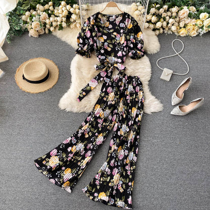 Floral V Neck Chiffon Top And Trousers Two Pieces Set