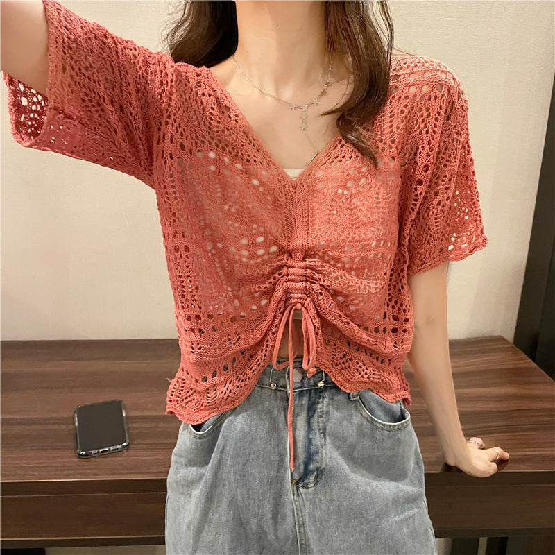 Hollow Out V Neck Knit Top