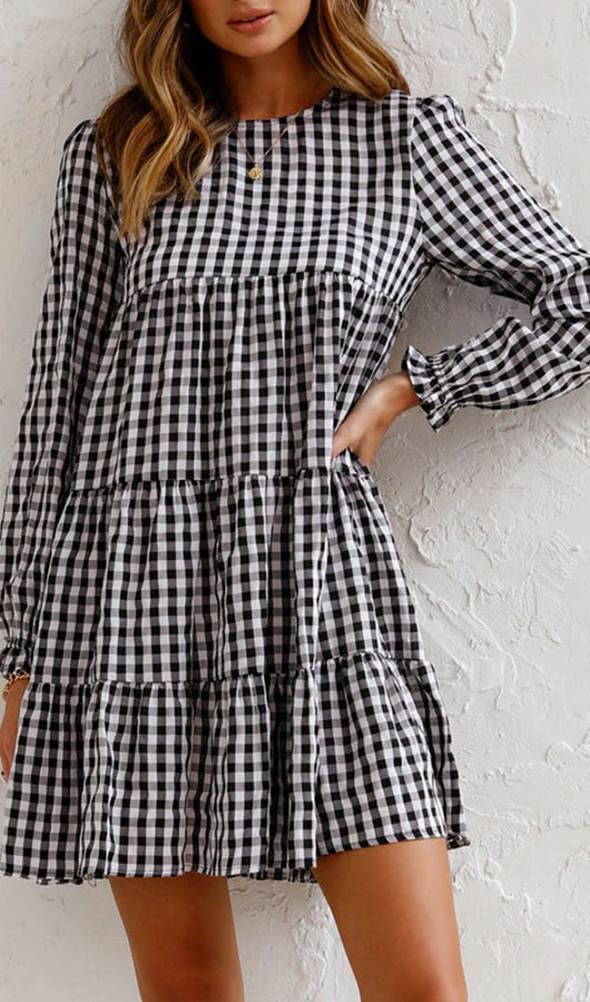 Checked Print Long Sleeve Dress