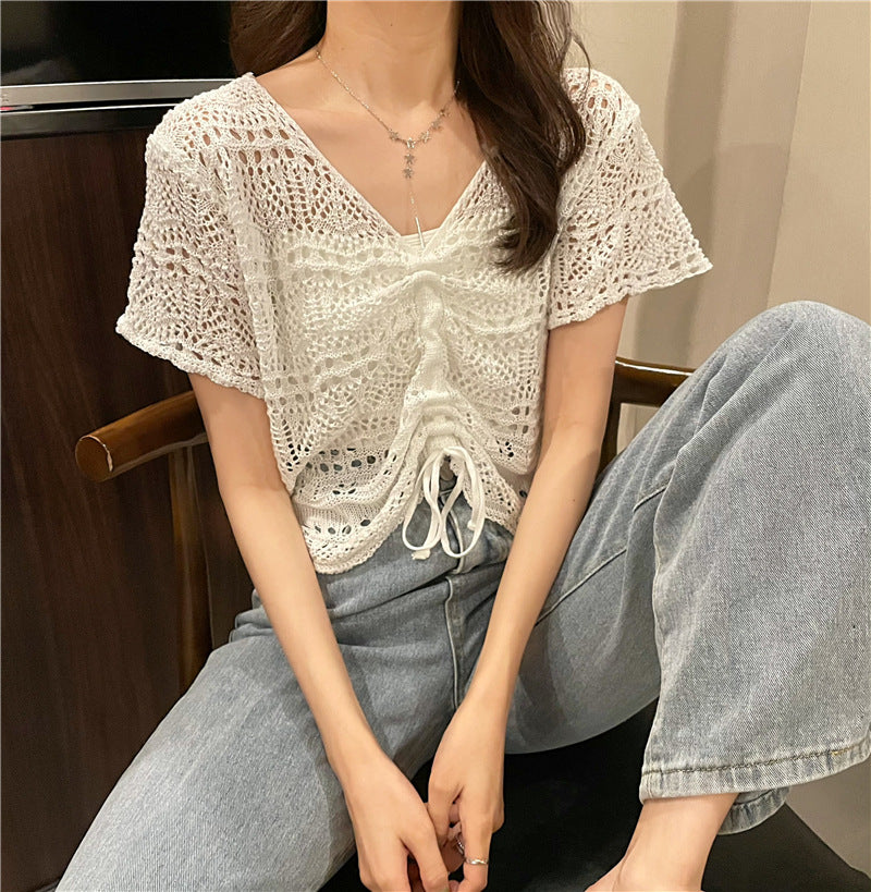 Hollow Out V Neck Knit Top