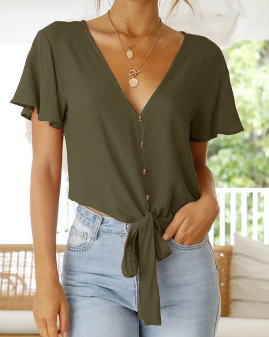 Front Buttons Deep V Neck Top