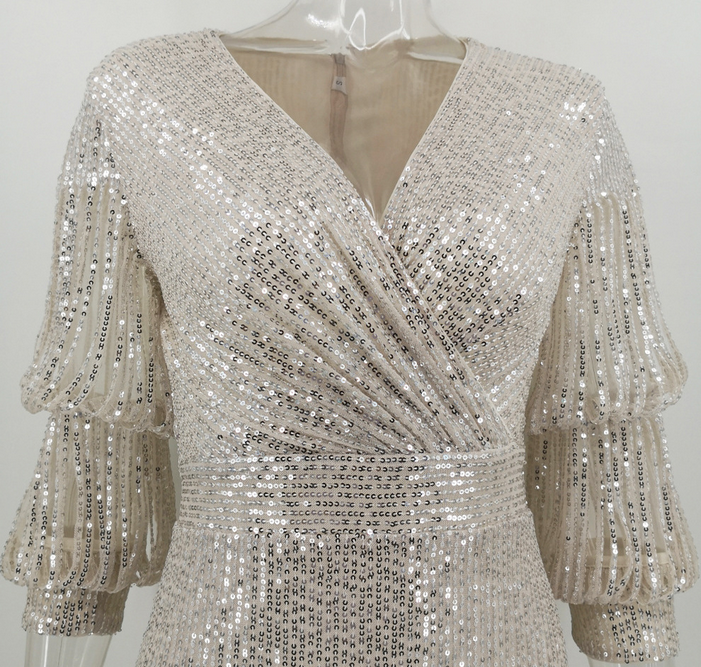 V Neck Sequins Slit Dress