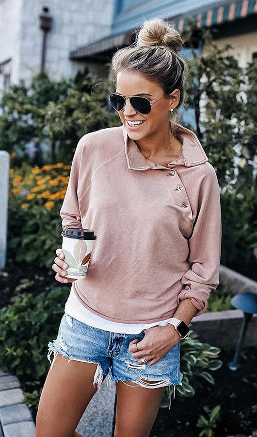 Side Buttons Long Sleeve Tops