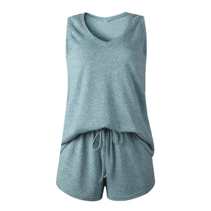 Sleeveless V Neck Top And Shorts Two Pieces Set