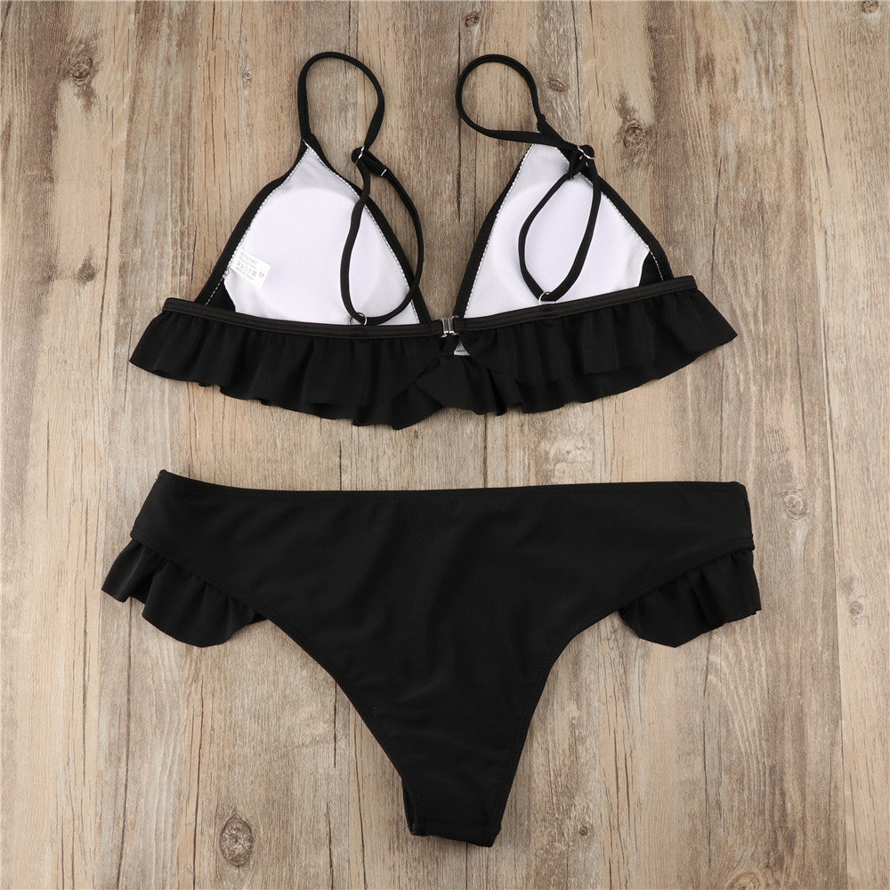 Solid Color Falbala Bikini Set