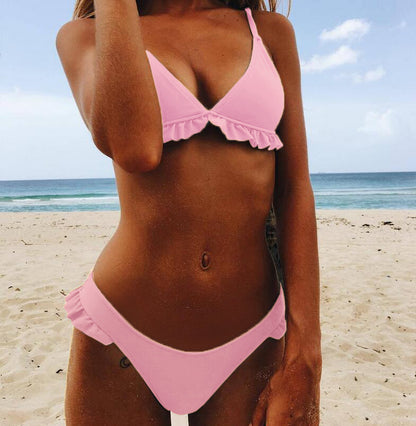 Solid Color Falbala Bikini Set