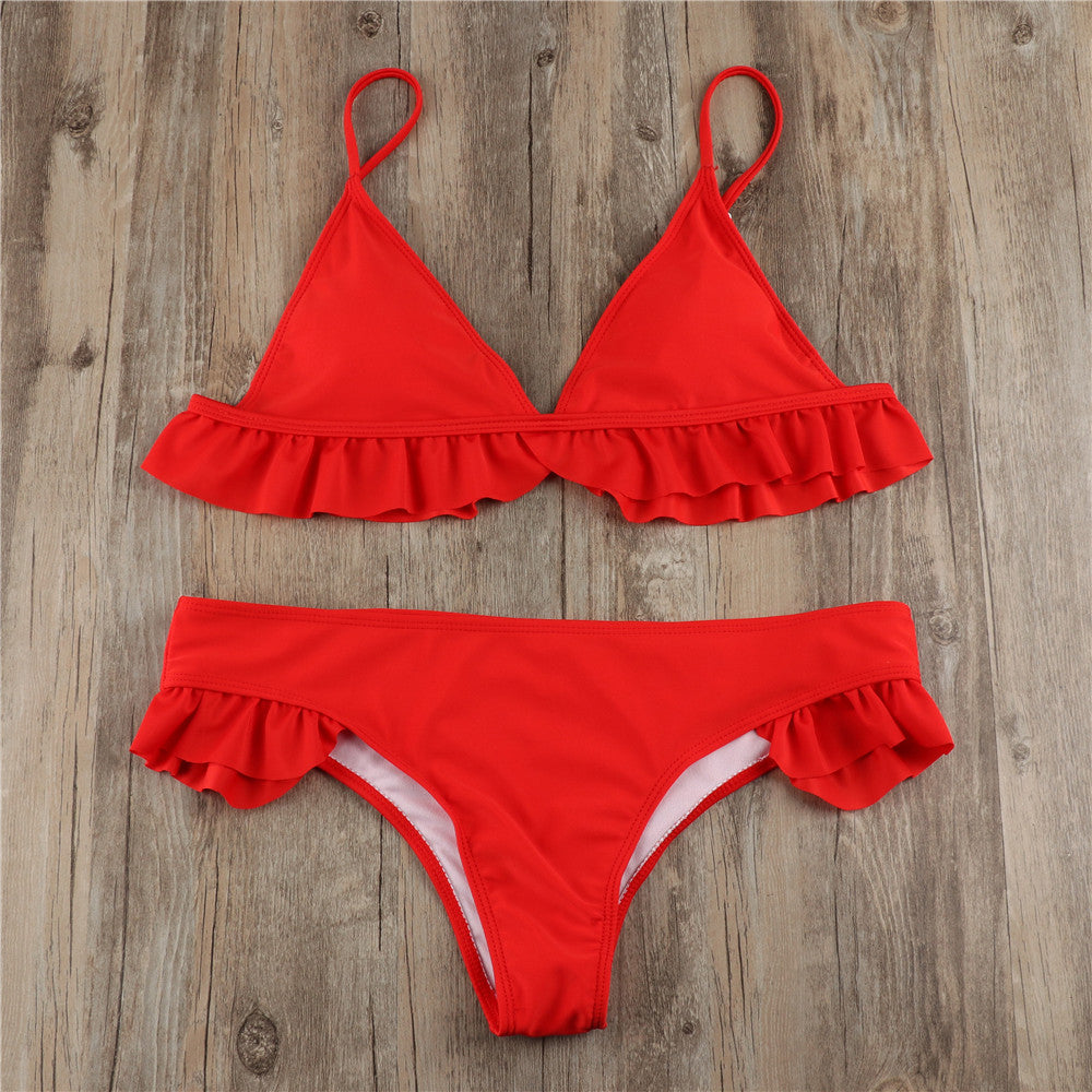 Solid Color Falbala Bikini Set