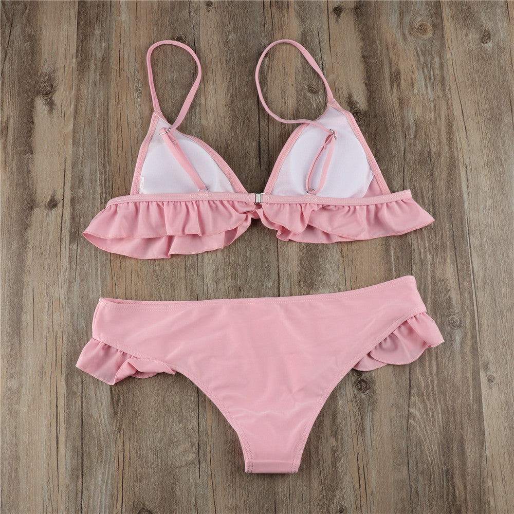 Solid Color Falbala Bikini Set