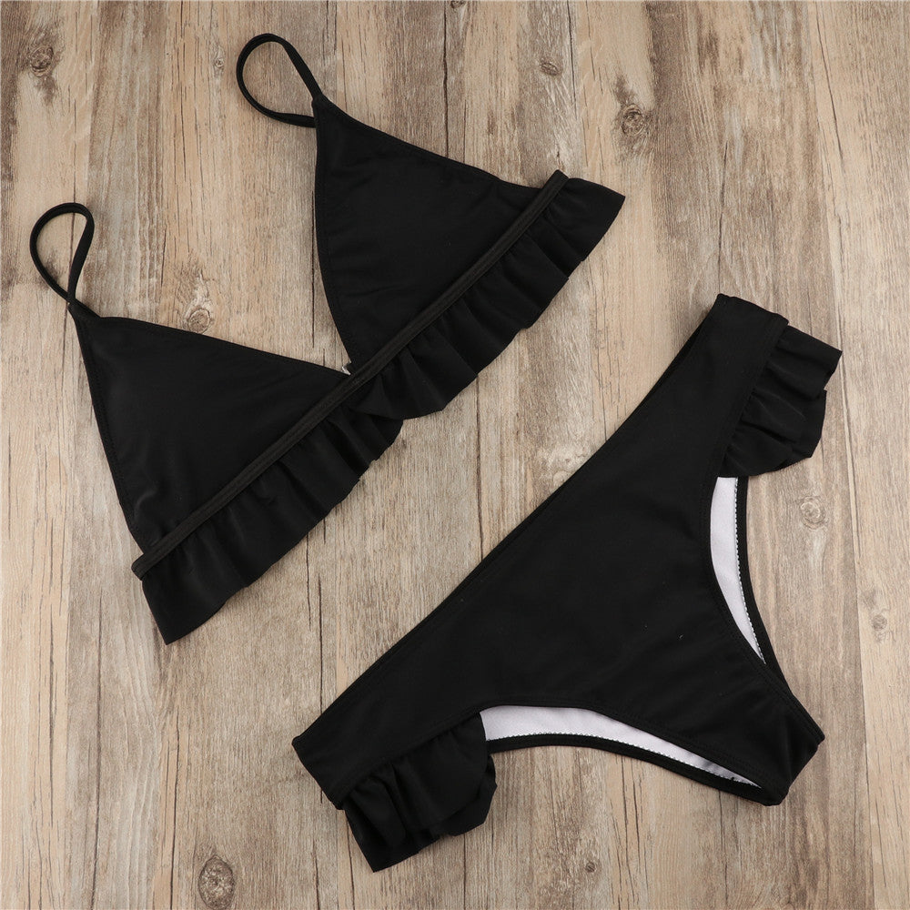 Solid Color Falbala Bikini Set