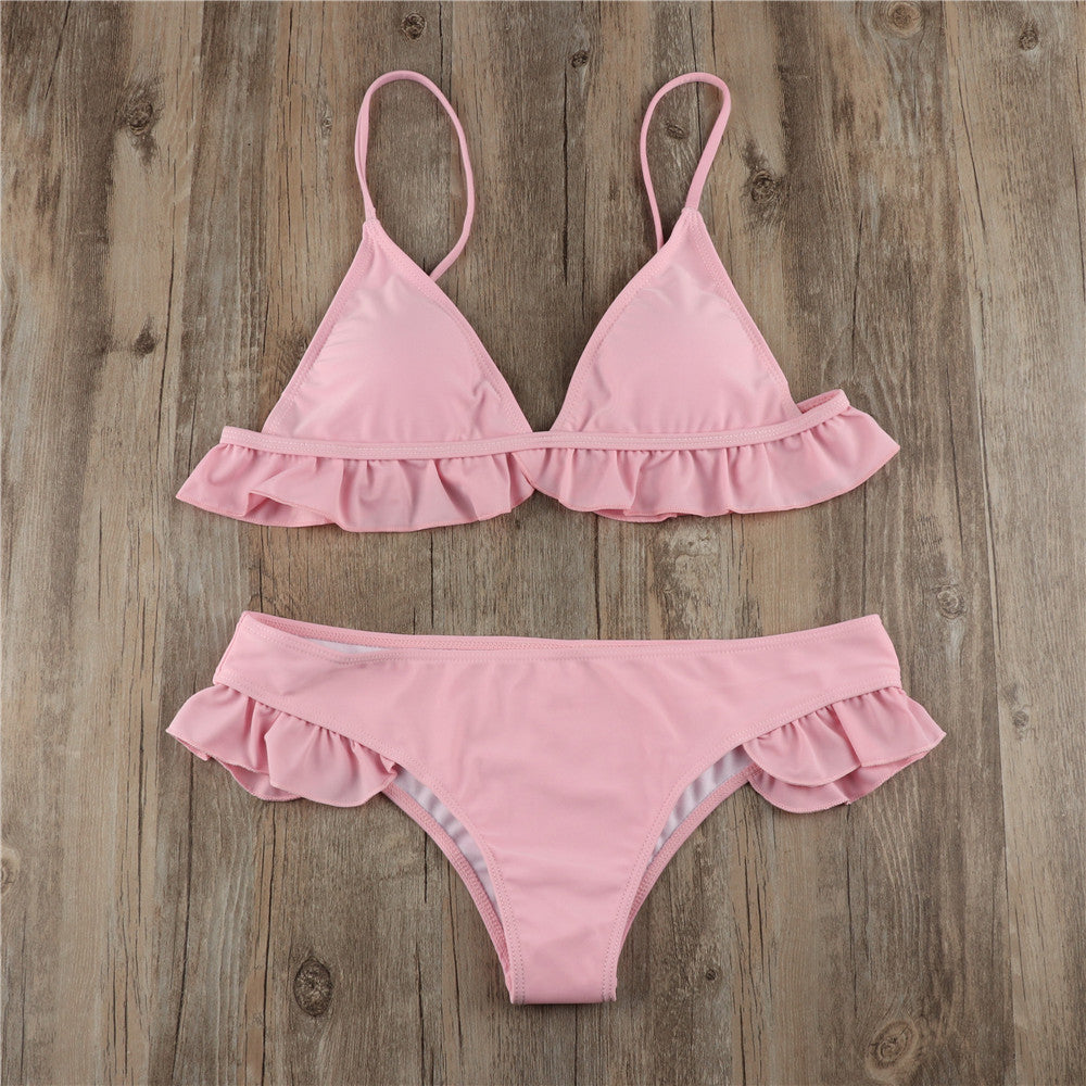 Solid Color Falbala Bikini Set