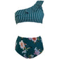 Stripe Floral One Shoulder Bikini Set
