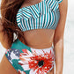 Stripe Floral One Shoulder Bikini Set