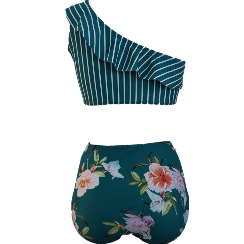 Stripe Floral One Shoulder Bikini Set