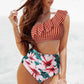 Stripe Floral One Shoulder Bikini Set