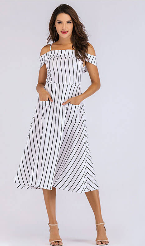 Stripe Off The Shoulder Pockets Dress