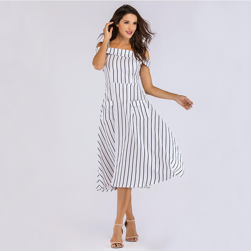 Stripe Off The Shoulder Pockets Dress