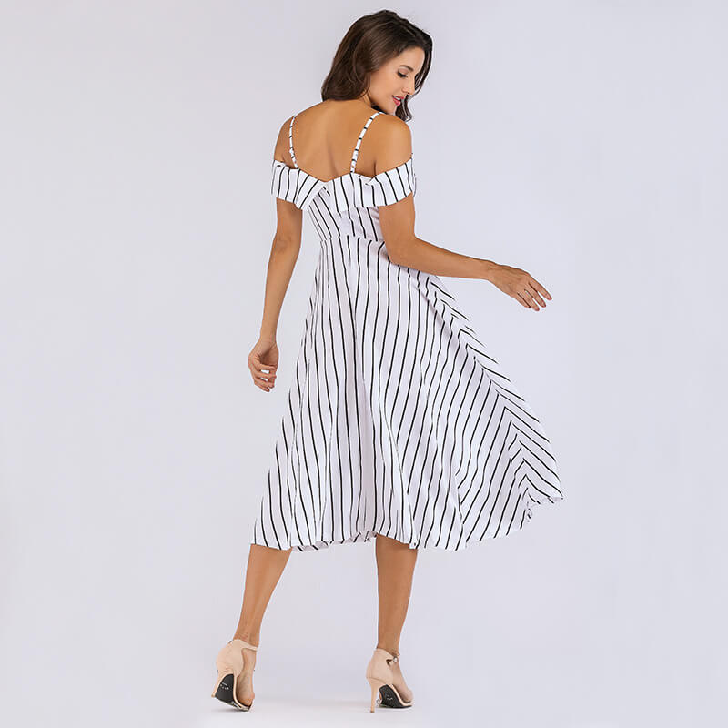 Stripe Off The Shoulder Pockets Dress