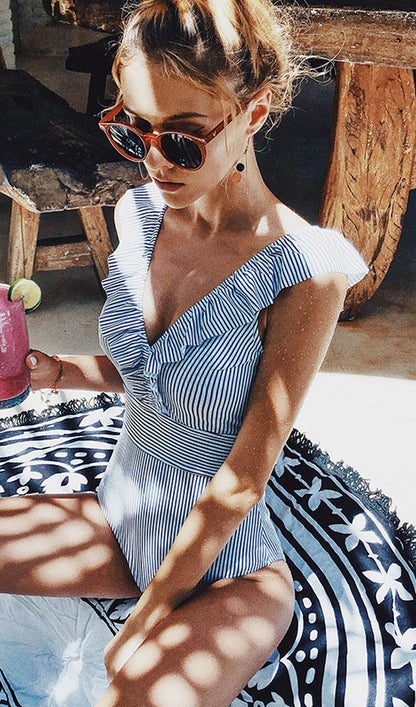 V Neck Stripe One Piece Swimsuit