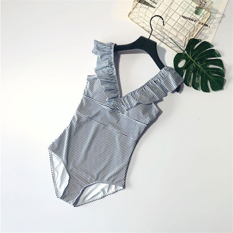 V Neck Stripe One Piece Swimsuit