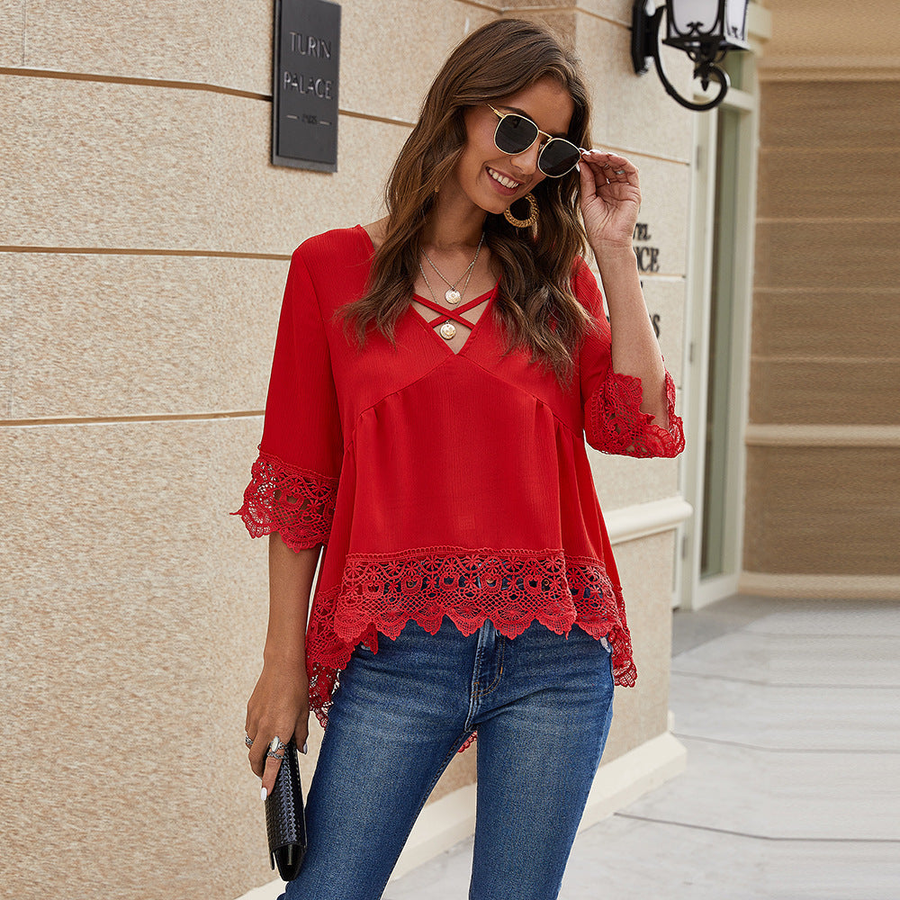 V Neck Chiffon Hollow Out Top