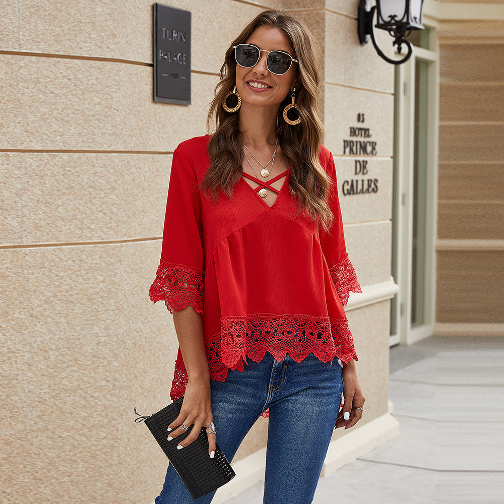 V Neck Chiffon Hollow Out Top