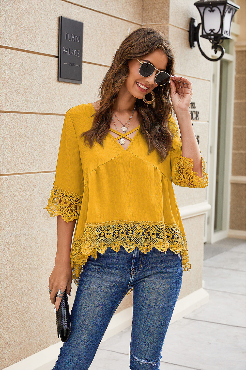 V Neck Chiffon Hollow Out Top