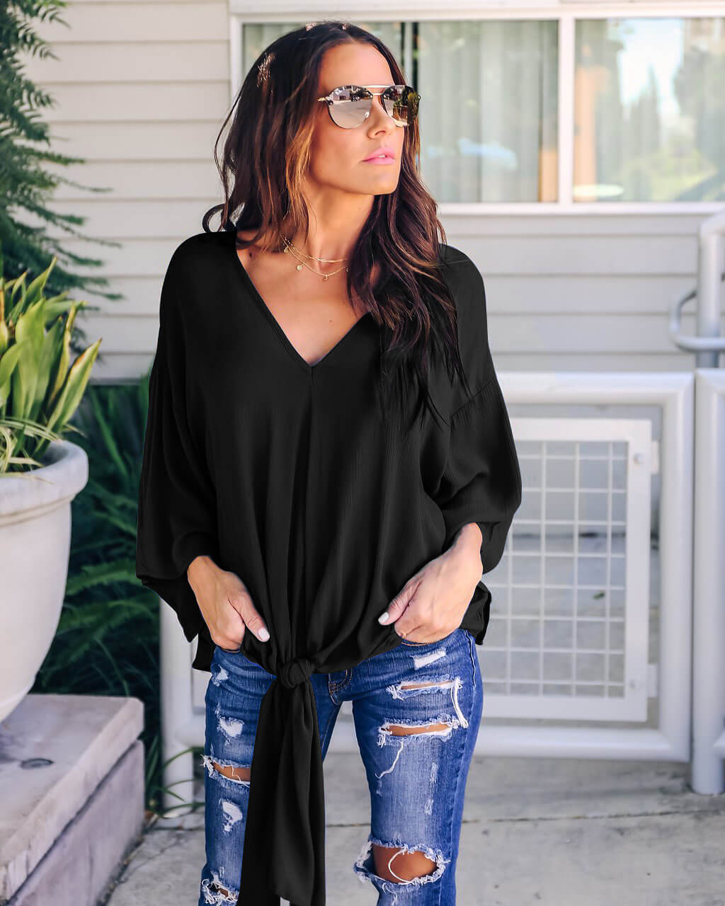 V Neck Chiffon Loose Sleeves Top