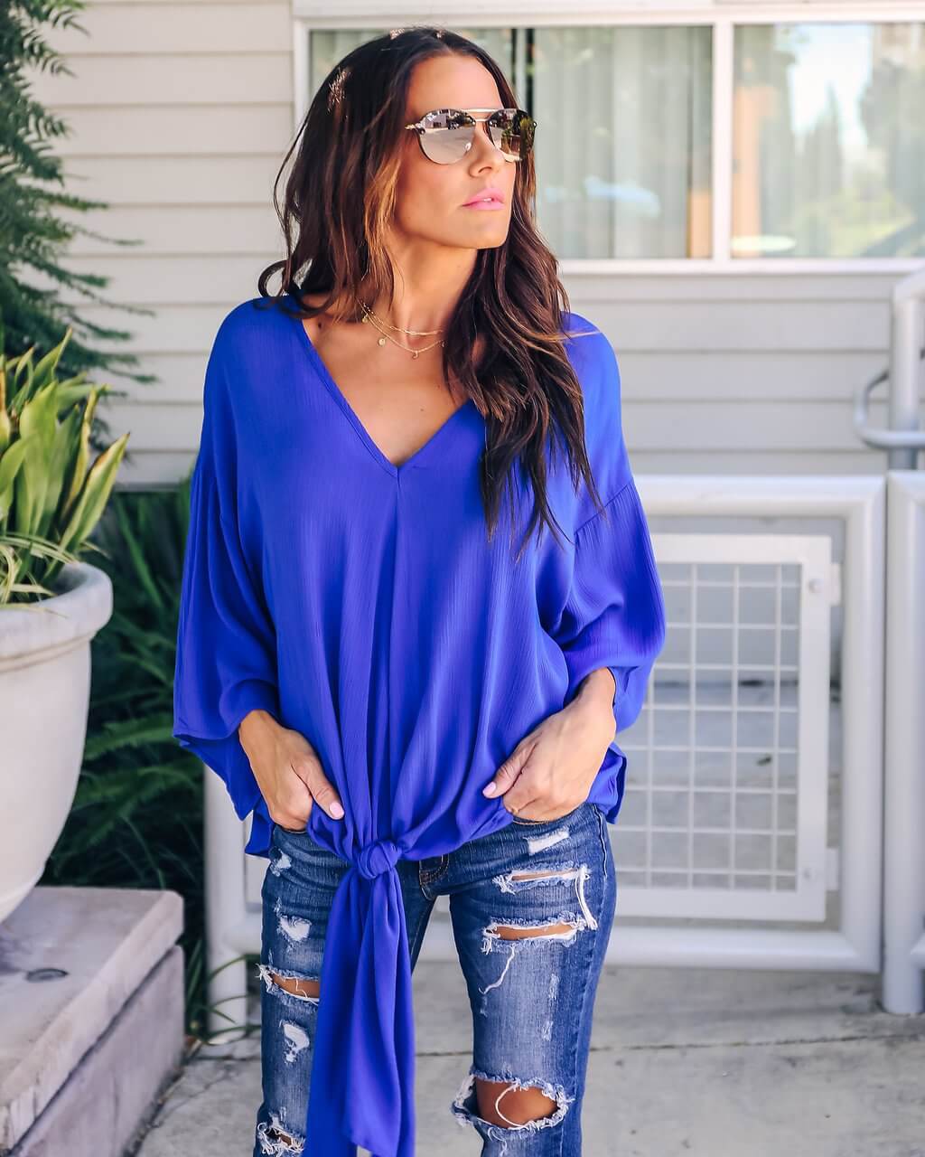 V Neck Chiffon Loose Sleeves Top
