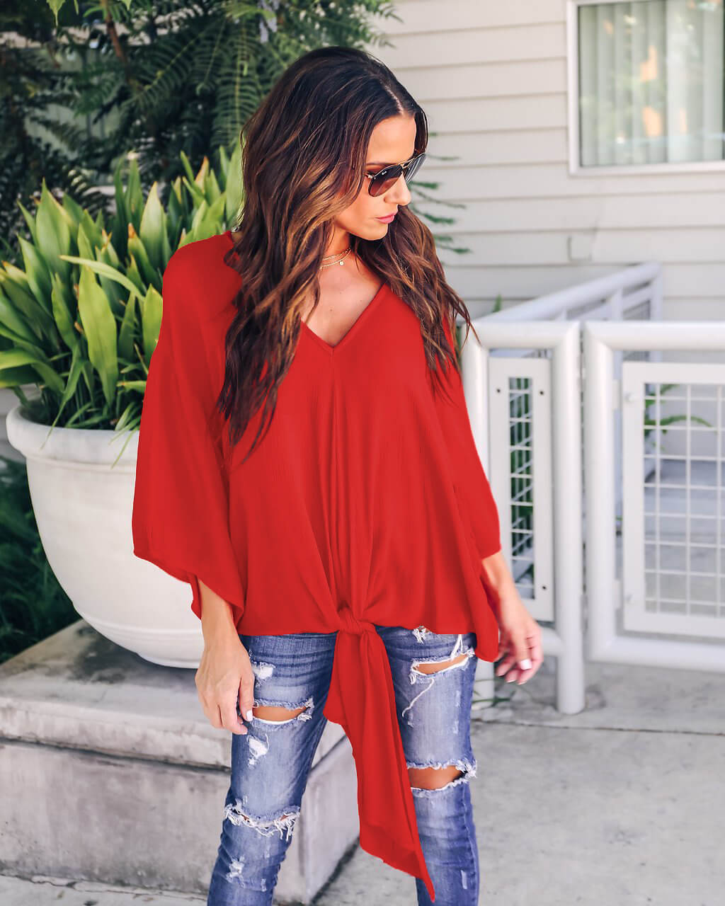 V Neck Chiffon Loose Sleeves Top