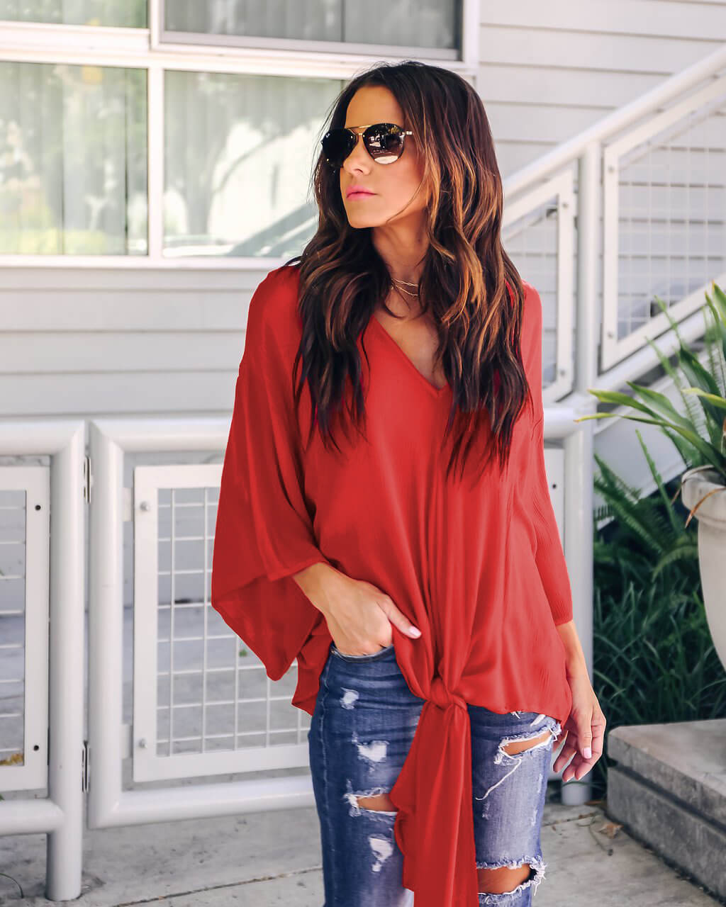 V Neck Chiffon Loose Sleeves Top