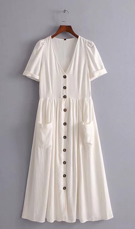 Beige Front Buttons Dress
